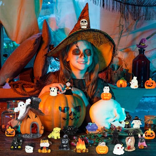 Poen 36 Pcs Halloween Miniature Figurine Resin Halloween Garden Accessories | Pumpkin Ghosts Tombstones, Resin Figurines for Fairy Garden, Mini Ornament Kit, Village Desktop, Table Centerpiece Kit