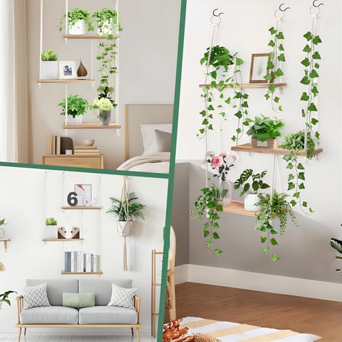 3-Tier Boho Window Plant Shelves with 35 Inch Macrame Plant Hanger | Indoor wood Hanging Plant Shelf, Holds Up to 20 Lbs, Easy to Assemble for Herbs, Succulents, Flowers & Seedling Pots