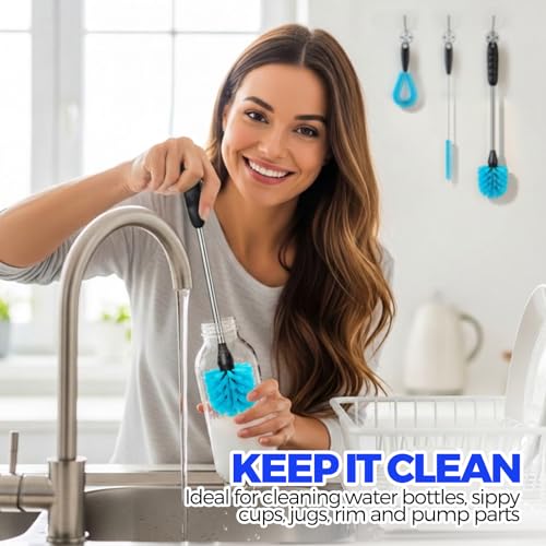 Holikme 4 Pack Bottle Brush 14.5" Long Handle Stainless Steel Brush,Blue | Long-Handled 4-in-1 Stainless Steel Bottle Brushes for Water Bottle, Cups, Straw Cleaner Brush - color: Blue