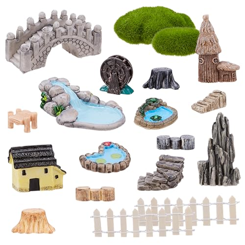 VerdantVibes 21-Piece Fairy Garden Kit with Mini Bridge, Waterwheel & Tree Stump Piers - Woodland Pond Decor Set for DIY Craft, Indoor/Outdoor Garden Accessories