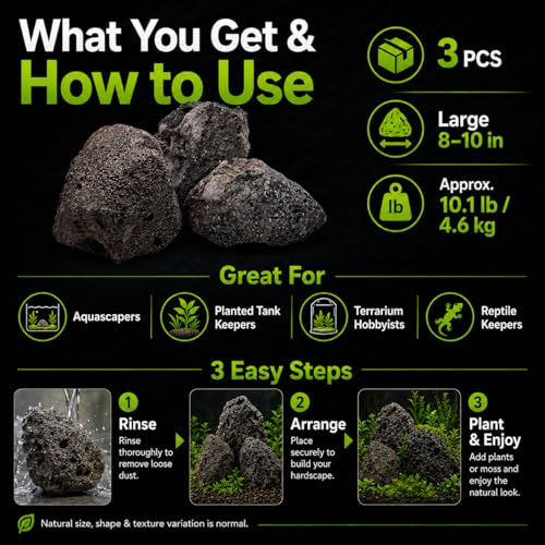 8–10 Inches Natural Black Lava Rocks, 3 PCS Large Aquarium Stones for Aquascaping, Fish Tank Centerpiece Decor, Planted Tanks, Terrariums & Reptile Habitats (Large 8–10 in) - size: Large 8–10 in