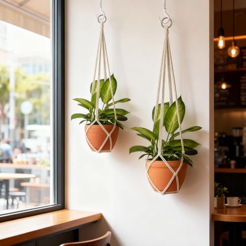 2Pcs Macrame Plant Hanger Boho Indoor Hanging Planters for Home Decor | Hand-knotted cotton rope,assel-free sleek design,space-saving vertical storage,durable sturdy bearing