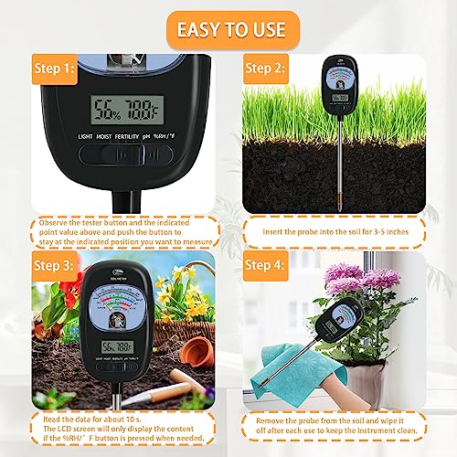 7-in-one Soil Test Kit, Soil Moisture Meter/PH Meter/Sunlight Intensity/Fertility Soil Tester, LCD Display Air & Soil Hygrometer Temperature for Hous Plants Garden, Farm, Lawn Care Moisture Meter | Soil Moisture Meter/PH Meter/Sunlight Intensity/Fertility