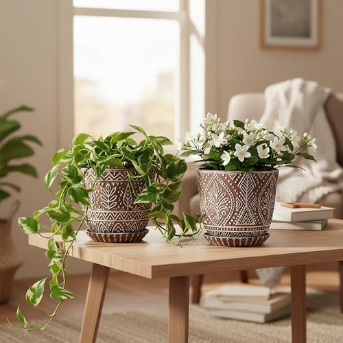 Gepege Ceramic Plant Pots, 6 Inch Indoor Planters with Drainage & Saucers - color: Brown-b, size: 6 Inch - Set of 2