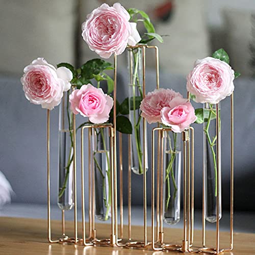 Hinged Flower Vases Test Tube Flower Vase with 5 Test Tubes Gold Metal Frame can be Bent and Contorted, Propagation Station Plant Holder Tubos De Ensayo for Home Wedding Decor, Balcony