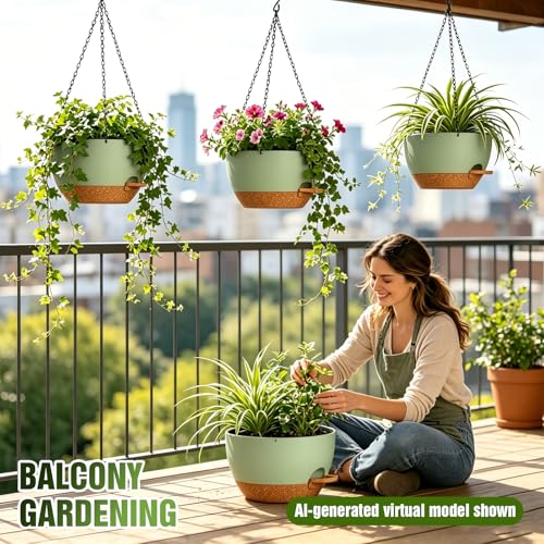 10 Inch Self-Watering Hanging Planters Set of 3 with Saucers - color: Green Brown, size: 10 Inch 3 Pack