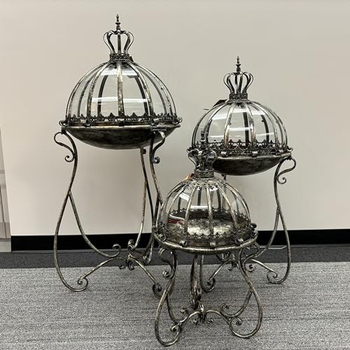 Set of 3 Glass Dome Terrariums with Iron Stands, Frosted Silver | Marseille 1792 - color: Frosted Silver