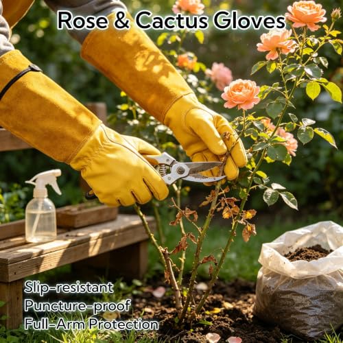Thorn Proof Gardening Gloves for Women and Men, Breathable Long Sleeve Leather Gloves for Rose and Cactus Pruning, Heavy Duty Adjustable Cuff Garden Work Gloves, Ideal Gardening Gifts