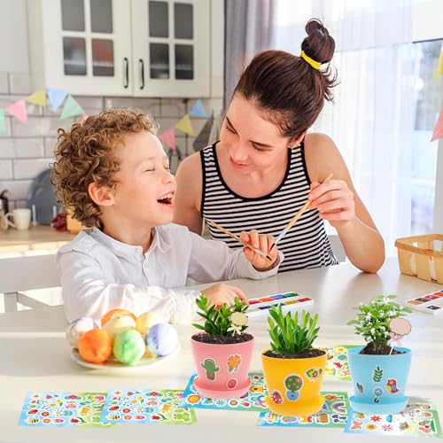 CIEOVO Garden Paper Pot Craft Kit, 24 Durable Resin Garden Pot with Tray Drainage Holes Adhesive Stickers 25 Colorful Writable Cards, Flower Plant Spring Craft for Classroom Home DIY Flower Planting - color: C-color