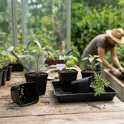GREANER 12 Inch Sturdy Seed Tray 11PCS, 4 Inch 100PCS Flexible Square Nursery Pots with Drainage Holes, Plant Germination Trays for Plants, Succulent, Flower, 20PCS Plant Labels(Black) - size: 4" Pots-100PCS + 12" Trays-11PCS