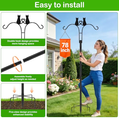 Double Shepherds Hooks for Outdoor, 2 Pack 78 Inch Bird Feeder Pole with 5 Prongs Base, Adjustable Heavy Duty Plant Hangers Cat Art for Outdoor Plants Hummingbird Feeder Hanging Basket Lantern - size: 2 Pack Cat