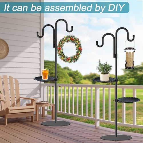 Upgraded 74" Shepherd's Hook Stand plant,Bird Feeder,Wind Chime Hanger Stand, Waterproof Metal & Adjustable-Height Standing Pole Holder for Lantern and Wreath, Indoor & Outdoor(2 Placement Racks)