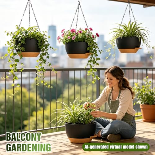 12 Inch Large Self Watering Hanging Planters 2 Pack with Saucers - color: Black Brown, size: 12 Inch 2 Pack