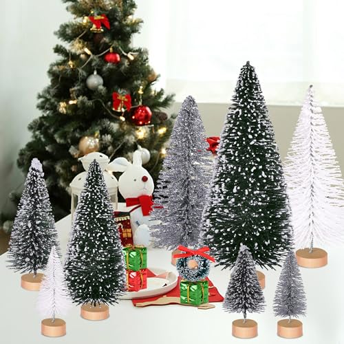 56 Pcs Artificial Mini Christmas Trees Set, Small Bottle Brush Trees - color: White&silver&dark Green