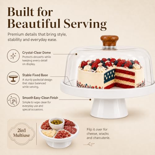 Acacia Wood Cake Stand with Lid Anti-Mold 12 Inch - 2-in-1 Wooden Charcuterie Board - Covered Dessert Plate with Acrylic Dome - Vintage Pastry Display - Tall Domed Serving Stand Platter - size: White – Fixed Base