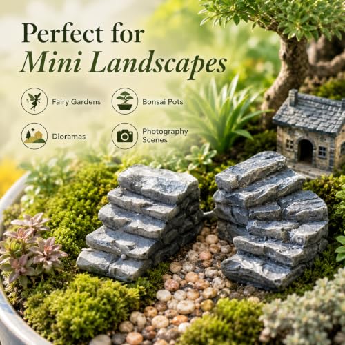 2Pcs Miniature Stone Steps Figurines Fairy Garden Ornaments, Miniature Garden Stairs Accessories Micro Landscape Decoration, Bonsai Ornament