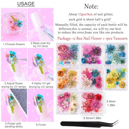 8 Boxes Dried Flowers Nail Charms,3D Real Natural Mini Dry Flower Set With Tweezers, Gypsophila Chrysanthemum Hibiscus Mixed Floral Petals WeddingFor Acrylic Nails, Resin Crafts, DIY Manicure Decor
