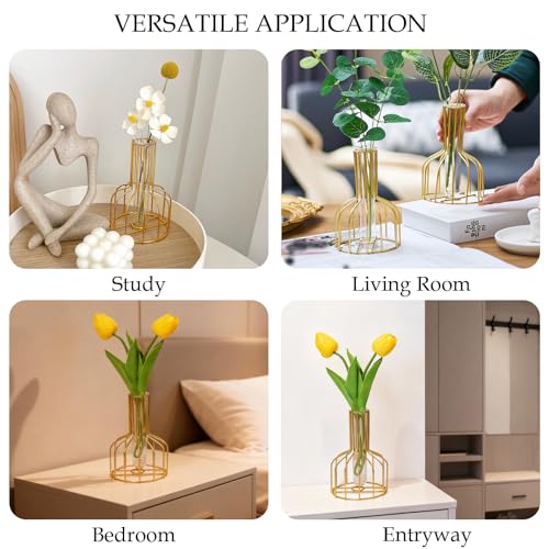 Metal Glass Plant Vase with Stand, Modern Decorative Glass Tube Planter for Tabletop, Home or Office Water Display Flower Vase