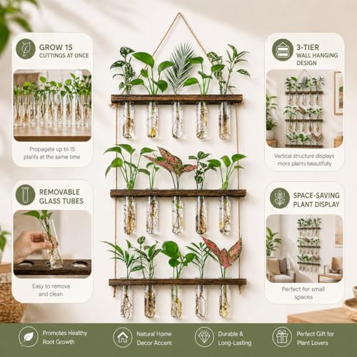 3 Tier Wall Hanging Propagation Stations with 15 Glass Test Tubes, Plant Terrarium Propagation Tubes Planter for Hydroponic Cuttings, Window Decor Gift for Plant Lovers