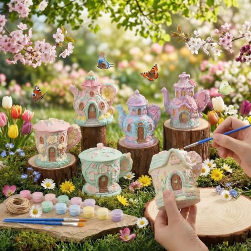 Thyle 6 Set 5 Inch Ceramic Fairy House to Paint - style: Fairy Teapot