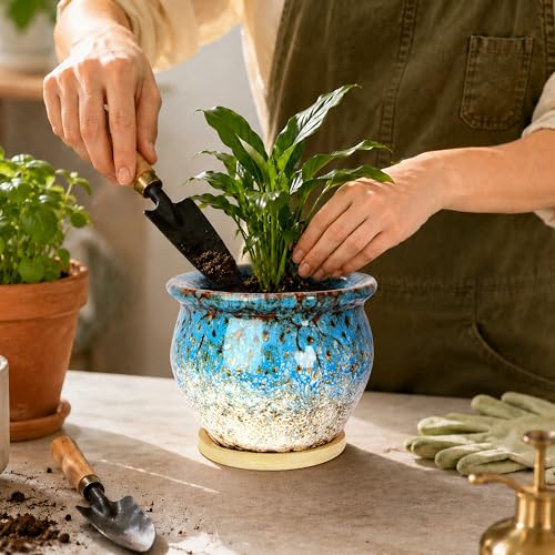 Plant Pots, 4.5 Inch Plant Pots for Indoor, Small Ceramic Planter with Tray - color: Blue White