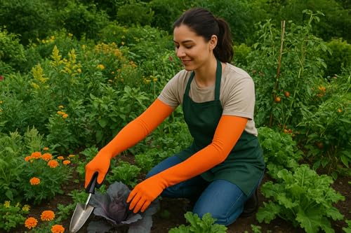 Long Sleeve Gardening Gloves Protection Sleeves, No-Slip Grip & Full Arm Guard Garden Cuffs; Durable, Protective - color: Orange, size: Medium