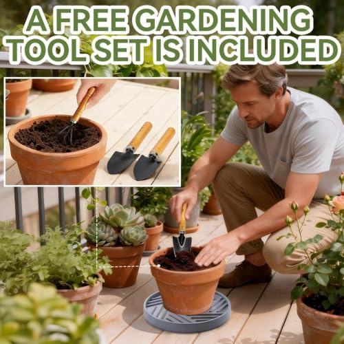 2 Pcs Plant Caddy with Hidden Wheels 11.22 Inch Heavy Duty Rolling Plant Stand, Indoor Outdoor Plant Saucer Tray with $9.9 Garden Tools (Gray) - size: 11.22 Inches of 2 Pack (Gray)