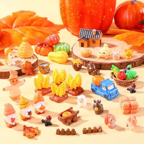DIYDEC 42PCS Thanksgiving Mini Resin Figures Toys Fall Miniature Decor | 42 Styles Fall Tiny Resin Farm Figurines to Hide Little Figures for Holiday Party Favors Bag Fillers Garden Dollhouse Crafts