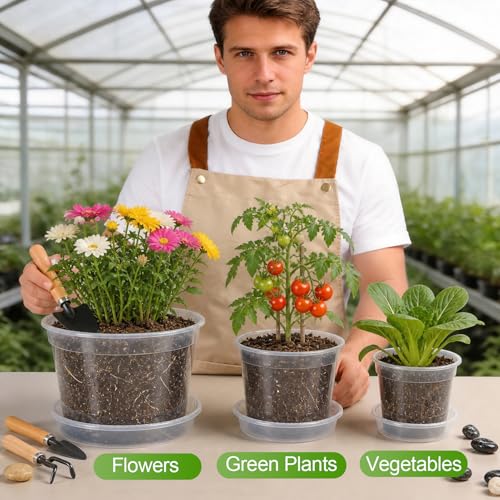 6/8/10 Inch Clear Nursery Pots with Saucers and 15 Pack Plant Labels,Transparent Plastic Plant Pots with Drainage Holes,Sturdy Seed Starter Pots for Succulents,Herbs,Flowers,Indoor Outdoor Plants - size: 6+8+10 Inch