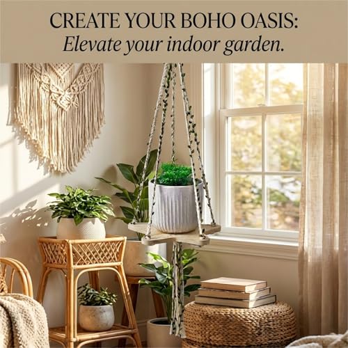 39 Inch Macrame Plant Hanger - Wooden Star Base Tray with Decorative Faux Leaf Vines, Boho Hanging Planter Holder for Indoor Plants - Wood and Cotton Rope