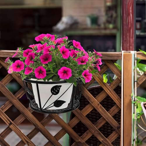 Tosnail 2-Pack Metal Plant Holders for Indoor Outdoor Railings, Fence Plant Hangers, Hanging Flower Baskets for Porch, Balcony, Stair Railing, Black