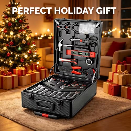 Arcwares 799pcs Aluminum Trolley Case Tool Set Silver, House Repair Kit Set, Household Hand Tool Set, with Tool Belt,Gift on Father's Day (Black) - color: Black