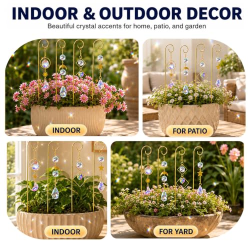 4 Pcs Small Trellis for Potted Plants Indoor with Crystal Sun Catcher Pendant, Metal Plant Stake for Mini Potted Plant Decoration for Home Window Garden