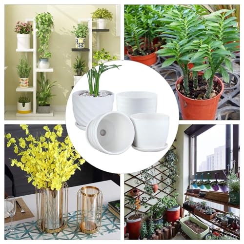 sietpoek 4.7” Ceramic Plant Pots with Drainage and Saucer 4PCs White - size: 4.7 Inch
