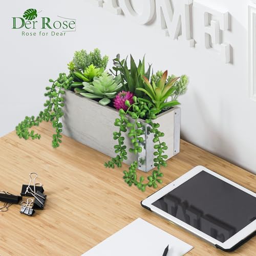 Der Rose 10 Inch Fake Succulent Plants in Wood Pot for Farmhouse Decor