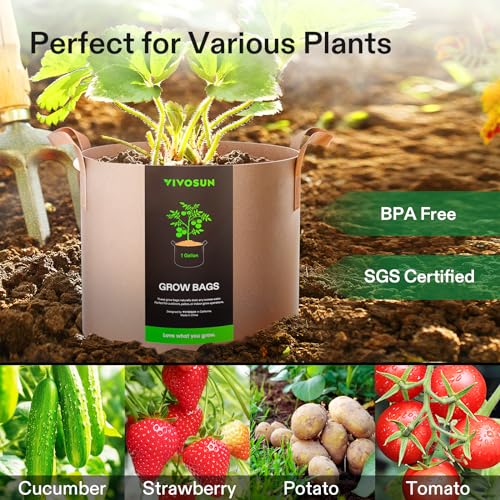 VIVOSUN 5-Pack 1 Gallon Plant Grow Bags Fabric Pots with Handles | 300G Thickened Nonwoven Fabric, Excellent Drainage, Healthy Root Growth, BPA-Free, Reusable - color: Tan, size: 1 Gallon