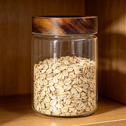 Airtight Glass Jar with Lid Food Storage Container with Screw On Acacia wood top storage Canister for Cookie, Cereal, candy, coffee beans, dry fruits storing Cylindrical Glass body 1000ml 34oz - size: 1000ml Cylinder