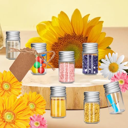 12Pcs 8ML 0.84"X1.6" Small Glass Mini Jars with Metal Lids Message Bottle Terrarium Jar Tiny Wishing Bottles miniature Sand Art Bottles Sample for DIY Crafts (12, 8ML) - size: 8ML