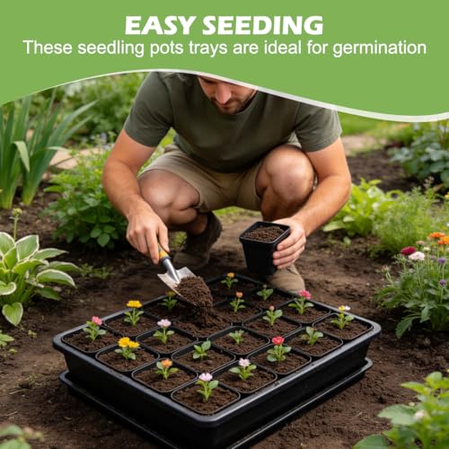 RooTrimmer 5 Pack Soil Blocking Trays with 2.8 inch (7CM) Square Nursery Pots 100pcs, Plastic Flat Plant Tray for Holding or Collecting Drainage Water, Seed Starter Tray for Seed Germination (Black) - size: Mesh Tray + Drip Tray + Pots-5P