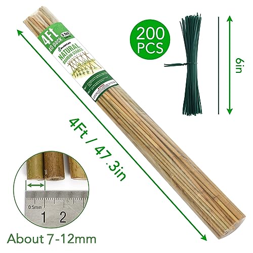 SWANGSA 40 Pack 4 Feet Bamboo Stakes for Plant, Bamboo Sticks Plant Support Garden Stakes Poles with 200pcs Twist Ties for Tomatoes, Beans, Flowers, Potted Plants, Indoor and Outdoor Climbing Plants - size: 4 Feet