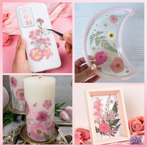 80pcs Pink Pressed Flowers Bulk, Romantic Dried Flower Leaves, Natural Pressed Dried Flowers with Tweezer for DIY Crafts Resin Mold Candles Cake Bridal Scrapbooking Supplies - size: Pink 80pcs