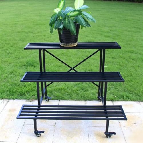 Zhongma 3 Tier Heavy Duty Metal Plant Stand with wheels easy assembly - size: 3-Tier: L35.43 x W26 x H26 w Wheels
