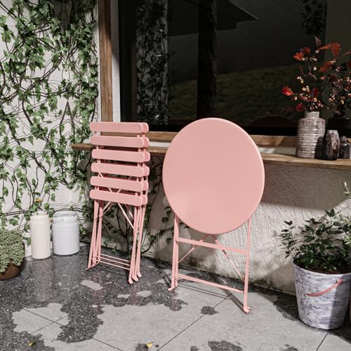 3-Piece Patio Bistro Set Outdoor Furniture Set Folding Bistro Table and Chairs with Premium Steel Frame Weather Resistant Conversation Set for Bistro Balcony Porch Yard Garden(pink with cushion) - color: Pink With Cushion