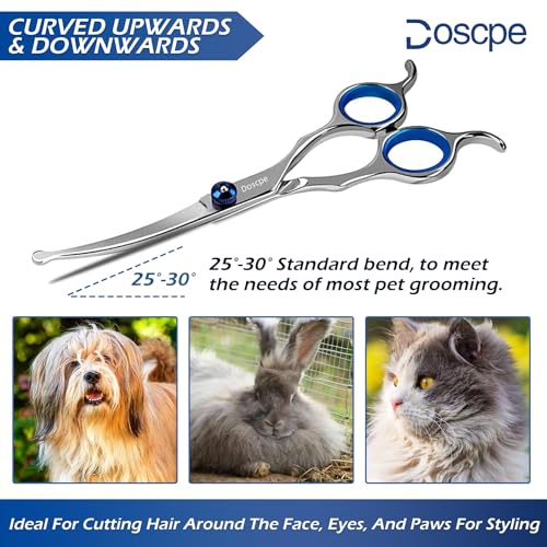 Curved Dog Grooming Scissors 7.28 inches Round Tips Pet Grooming Shears for Dog Cat on Face Paw Hair Trimming Right Left Handed