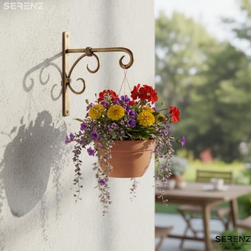 Serenz, Antique Golden Wall Bracket | Iron Plant Hanger for Bird Feeders, Planters, Lanterns, Wind Chimes, Hanging Baskets, Ornaments, String Lights | Indoor and Outdoor Decorative Wall Mount Hook