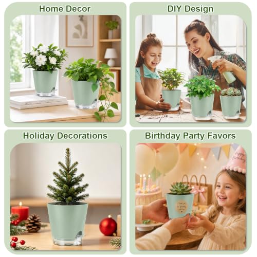 QRRICA 5/5.5/6/6.5/7/8 inch Self Watering Pot Set, Visible Water Level Planter with Transparent Reservoir & Drainage Holes, Plastic Flower Pots with Cotton Rope for Indoor/Outdoor Use (Green) - color: Green