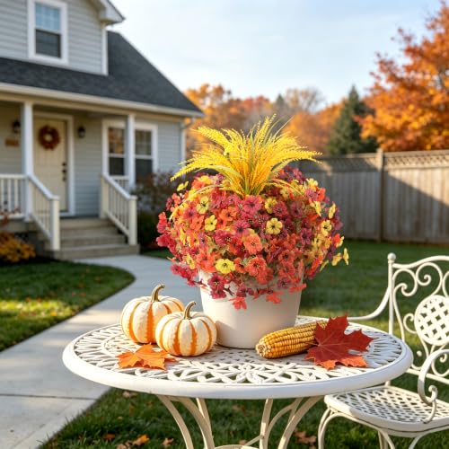 Ammyoo 14 Pcs Fall Fake Mums Flowers for Outdoor with Artificial Plants Mix - color: Orange Brown Yellow