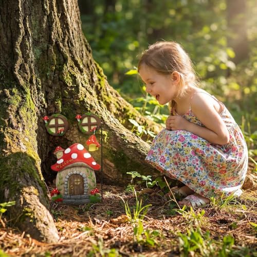 Fairy Door for Trees Outdoor: Resin Glow in The Dark | Miniature Garden Decor with Windows – Weatherproof Elven Gnome House Kit for Yard Tree Stump Wall