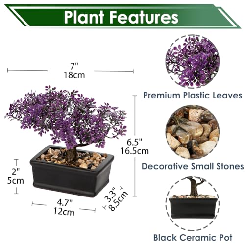Artificial Bonsai Tree Juniper Faux Plants Indoor Fake Plants Decor with Black Ceramic Pots for Home Table Office Desk Bathroom Shelf Bedroom Living Room Farmhouse Decorations-Purple - style: 6" Purple Ficus
