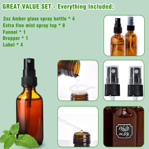 2oz Amber Glass Spray Bottles for Essential Oils, Hair, Skincare, Cleaning & Travel,4-Pack Small Empty Spray Bottle - style: 4 Set